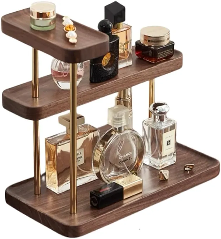 3 Tier Solid Black Walnut Wooden Cologne Organizer for Men Wooden Countertop Perfume Display Stand for Skincare, Makeup, Cosmetics, Perfume Bathroom Vanity
