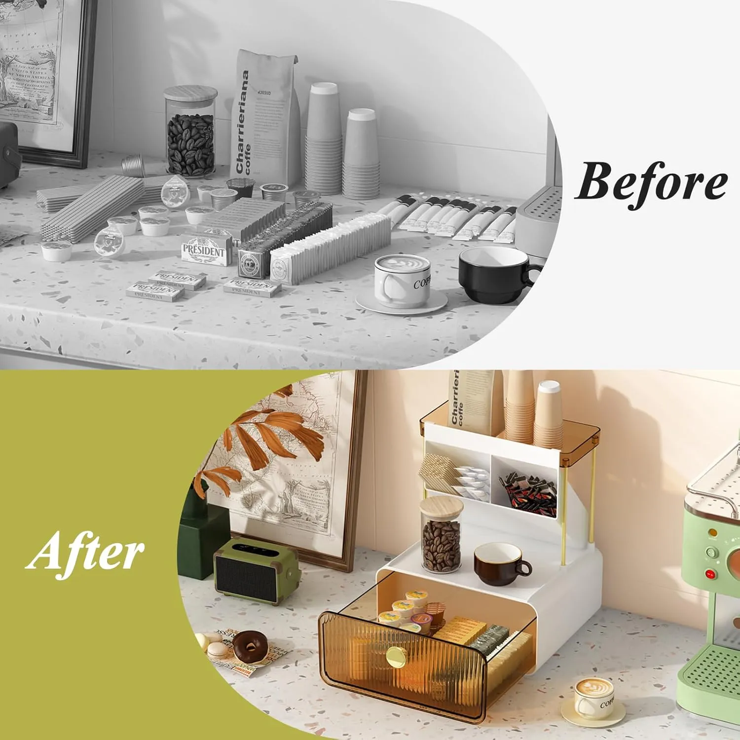 3 Tiers Makeup Organizer with Drawer,Cosmetic Display with Lipsticks Brush Holder,Cosmetics and Beauty Supplies Organizers for Vanity,Dresser,Bathroom Desktop Countertop Organizer,Amber