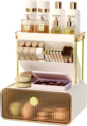 3 Tiers Makeup Organizer with Drawer,Cosmetic Display with Lipsticks Brush Holder,Cosmetics and Beauty Supplies Organizers for Vanity,Dresser,Bathroom Desktop Countertop Organizer,Amber