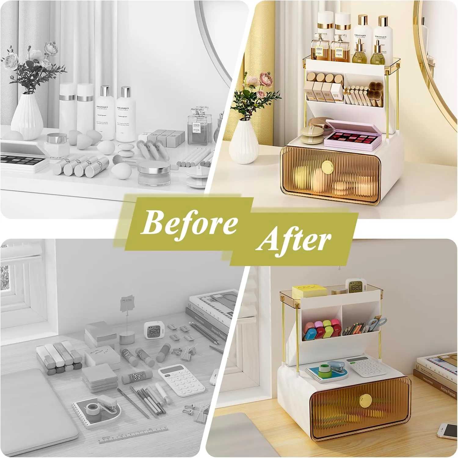 3 Tiers Makeup Organizer with Drawer,Cosmetic Display with Lipsticks Brush Holder,Cosmetics and Beauty Supplies Organizers for Vanity,Dresser,Bathroom Desktop Countertop Organizer,Amber