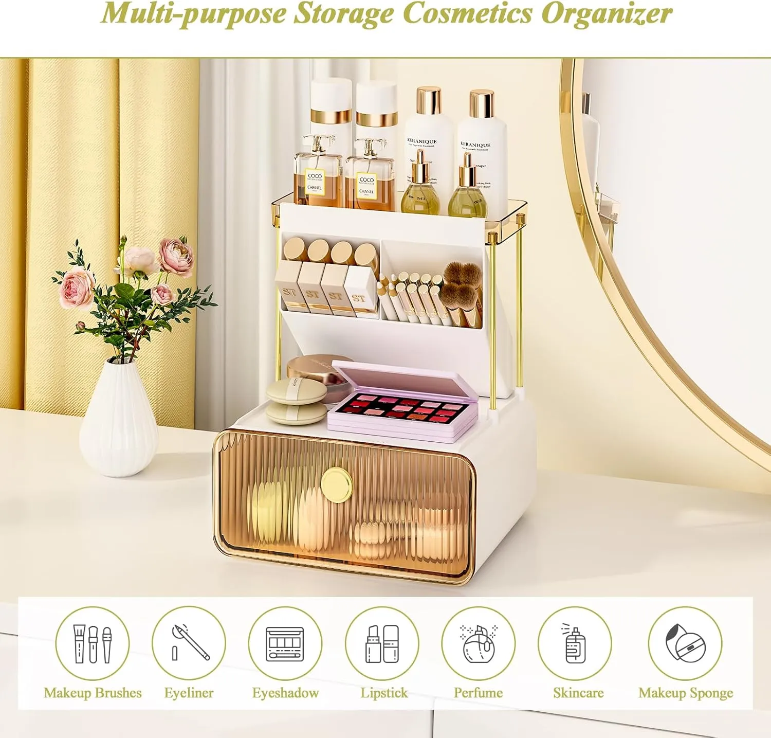 3 Tiers Makeup Organizer with Drawer,Cosmetic Display with Lipsticks Brush Holder,Cosmetics and Beauty Supplies Organizers for Vanity,Dresser,Bathroom Desktop Countertop Organizer,Amber