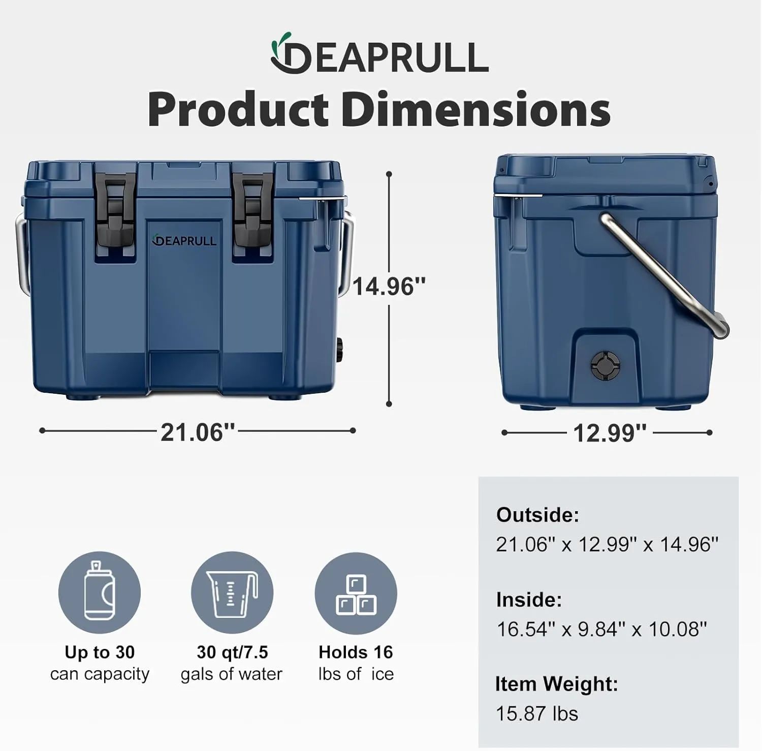 30 Quart Hard Cooler, Insulated Ice Chest Box Holds Ice for More Days, Portable Cooler with Handle, Cup Holders, Double Latches for Camping, Drink, Beverage, Beach, Picnic, Fishing, Boat, Barbecue