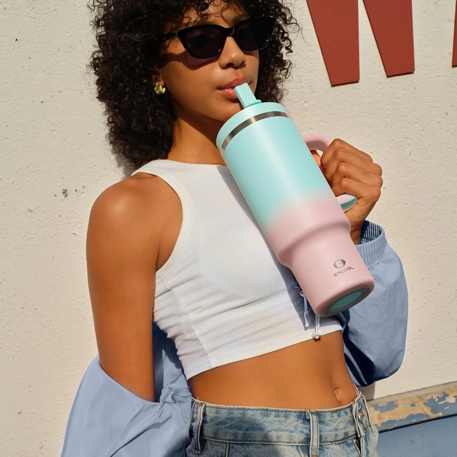 32 oz Tumbler with Handle and Straw: Stainless Steel Insulated Tumbler Keeps Cold for 24 Hours, Leakproof Travel Cup Fits in Cup Holder and BPA-Free, Cherry Blossom