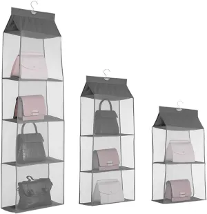 3Pcs Hanging Handbag Purse Organizer, Clear Closet Storage Bag with Hooks, Space Saving Mesh Shelves Handbag Purse Storage Holder for Wardrobe Closet (Grey)