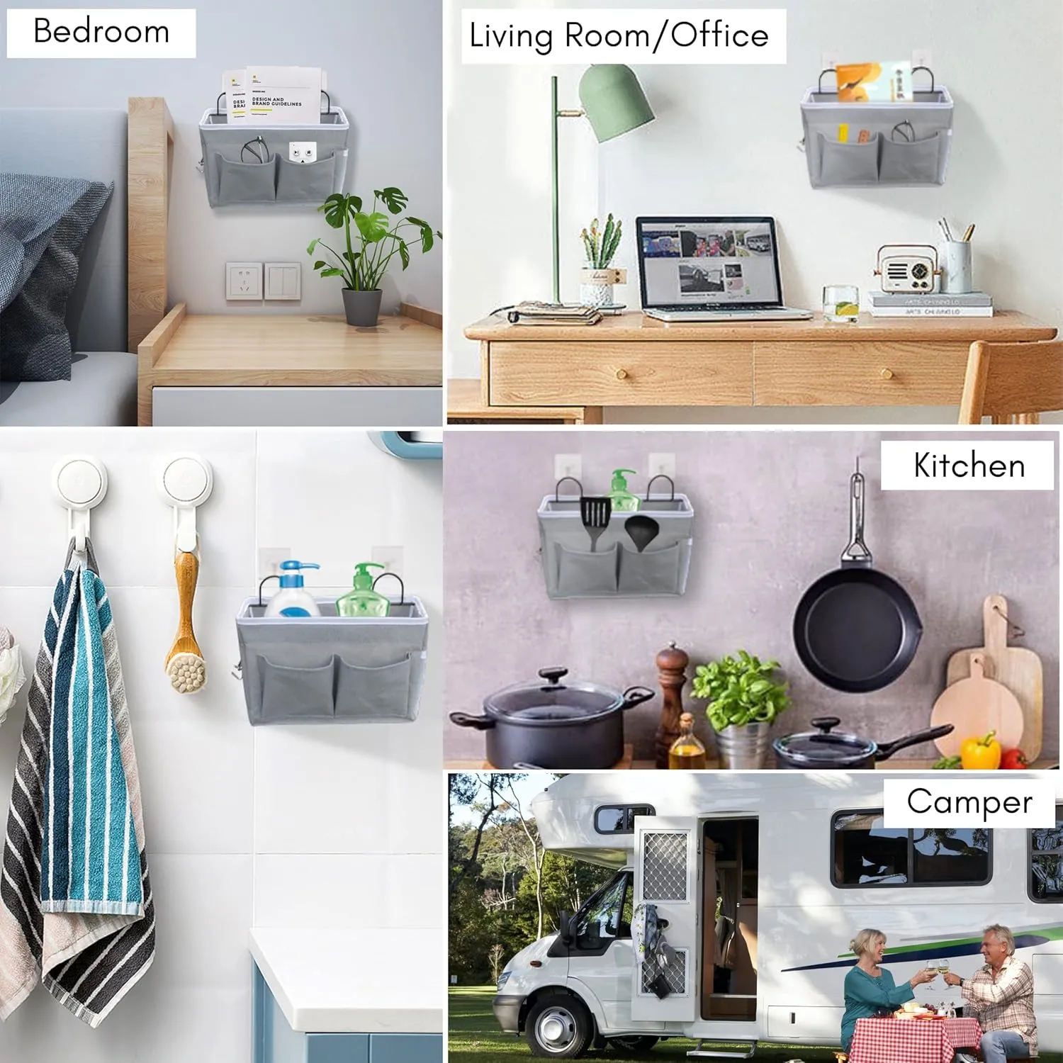 3pcs Middle Wall Hanging Organizer Bag, Linen Fabric Door Hanging Storage Basket with Pockets, Waterproof Bin for Kitchen, Bedroom, Office, RV Camper (Gray)