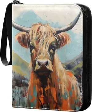 4 Pocket Card Binder with 50 Removable Sleeves Highland Cow Painting Trading Card Binder Collector Card Album for 400 Game Sports Cards
