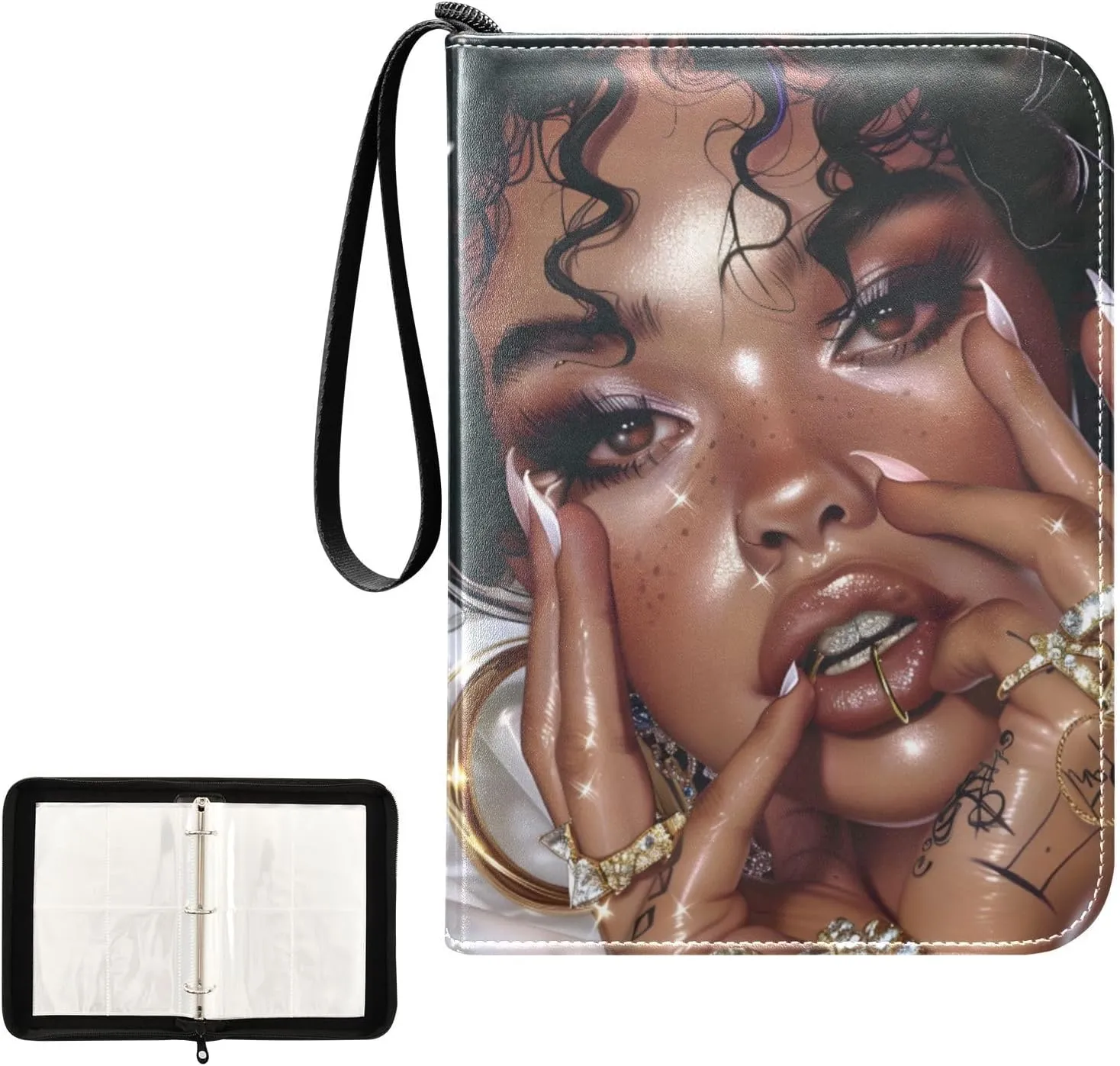 4 Pockets Trading Card Album Holder Book Folder Sports Card Binder African American Women 400 Double Side Pockets for 3 Ring Binder Zipper