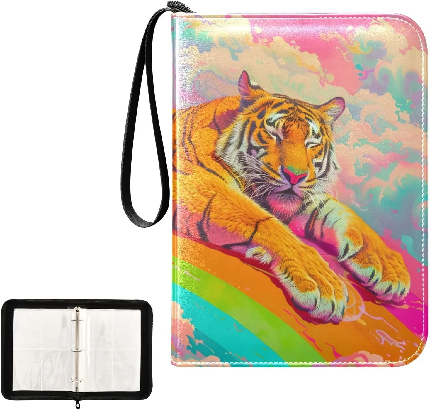 4 Pockets Trading Card Album Holder Book Folder Sports Card Binder Beast Rainbow 400 Double Side Pockets for 3 Ring Binder Zipper