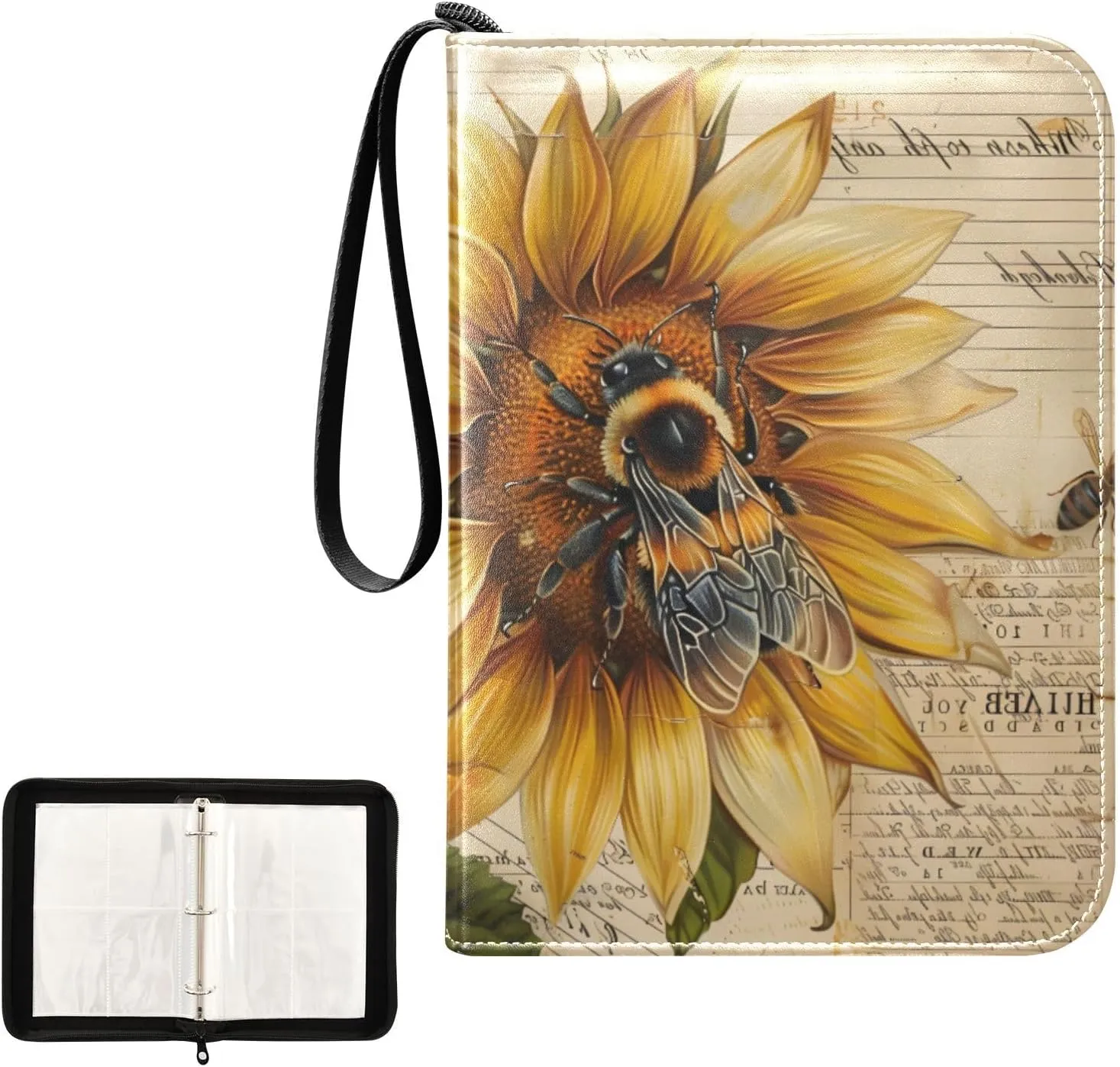 4 Pockets Trading Card Album Holder Book Folder Sports Card Binder Bee Sunflower Notepaper 400 Double Side Pockets for 3 Ring Binder Zipper