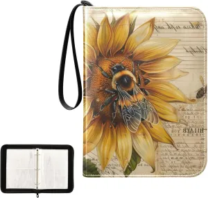 4 Pockets Trading Card Album Holder Book Folder Sports Card Binder Bee Sunflower Notepaper 400 Double Side Pockets for 3 Ring Binder Zipper