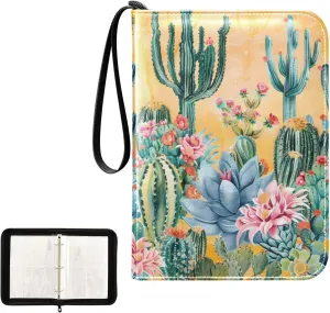 4 Pockets Trading Card Album Holder Book Folder Sports Card Binder Cactus and Flowers 400 Double Side Pockets for 3 Ring Binder Zipper