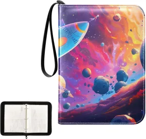 4 Pockets Trading Card Album Holder Book Folder Sports Card Binder Cartoon Space 400 Double Side Pockets for 3 Ring Binder Zipper