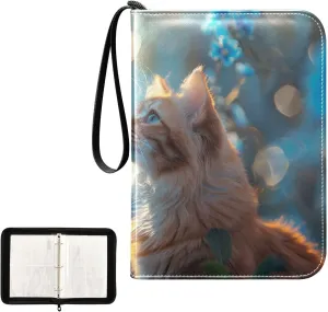 4 Pockets Trading Card Album Holder Book Folder Sports Card Binder Cat Blue Flowers 400 Double Side Pockets for 3 Ring Binder Zipper