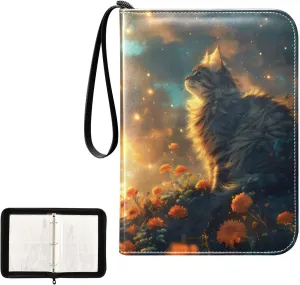 4 Pockets Trading Card Album Holder Book Folder Sports Card Binder Cat Flower Night 400 Double Side Pockets for 3 Ring Binder Zipper