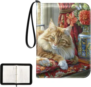 4 Pockets Trading Card Album Holder Book Folder Sports Card Binder Cat Long-hair 400 Double Side Pockets for 3 Ring Binder Zipper