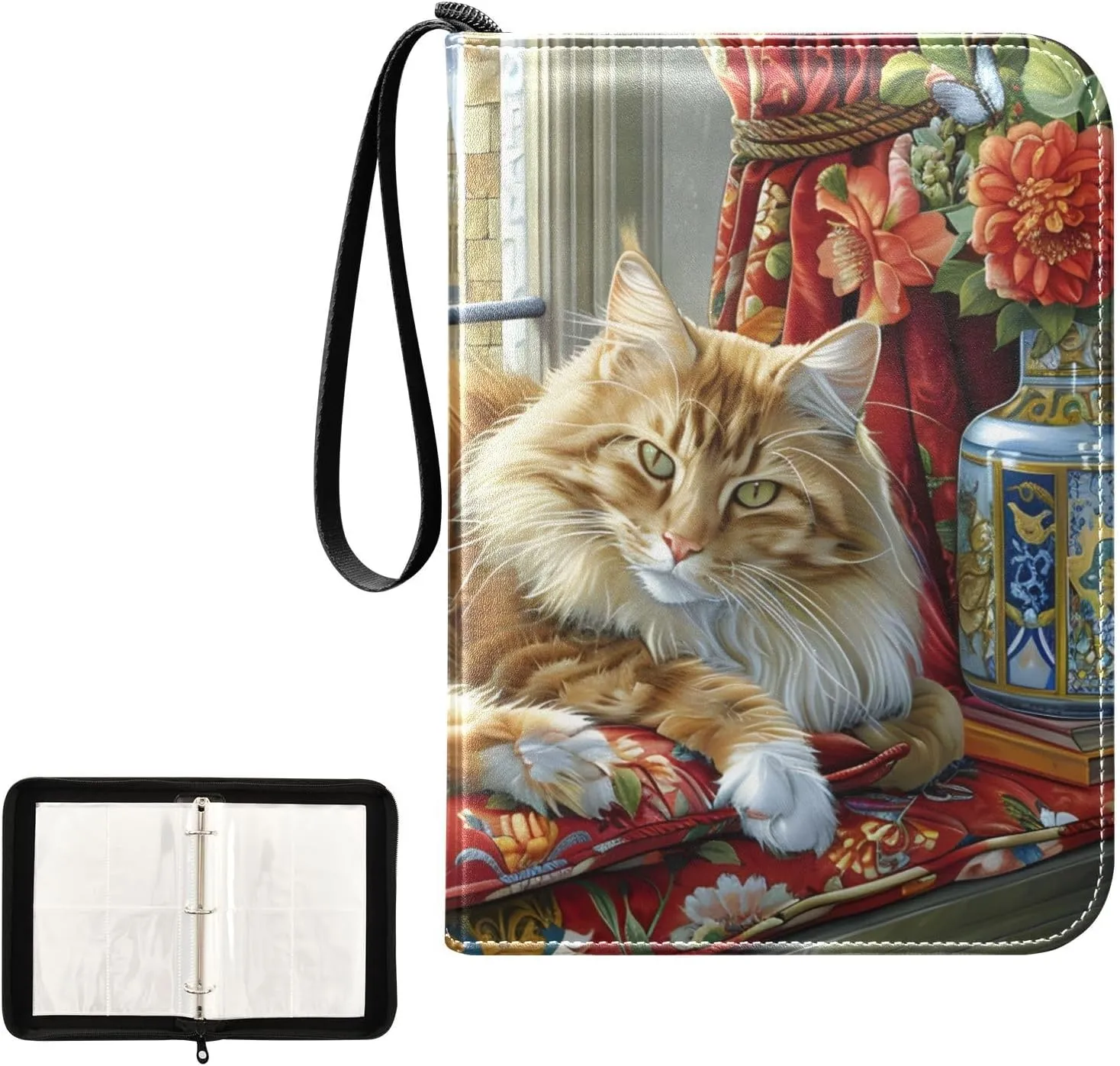 4 Pockets Trading Card Album Holder Book Folder Sports Card Binder Cat Long-hair 400 Double Side Pockets for 3 Ring Binder Zipper