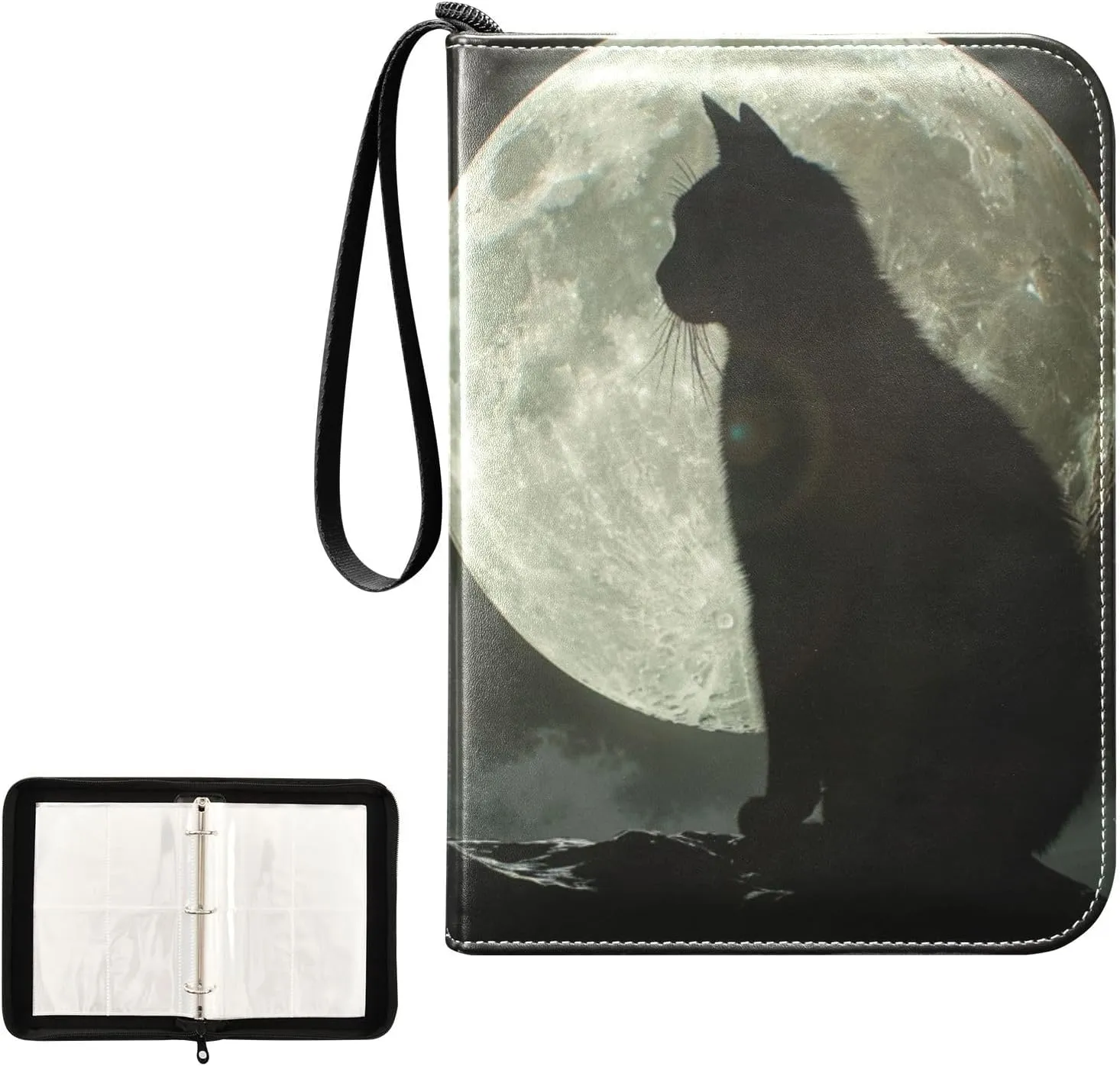 4 Pockets Trading Card Album Holder Book Folder Sports Card Binder Cat Silhouette Moon 2 400 Double Side Pockets for 3 Ring Binder Zipper