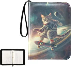 4 Pockets Trading Card Album Holder Book Folder Sports Card Binder Cat Skateboard 400 Double Side Pockets for 3 Ring Binder Zipper