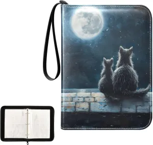 4 Pockets Trading Card Album Holder Book Folder Sports Card Binder Cats Moon Cute 400 Double Side Pockets for 3 Ring Binder Zipper