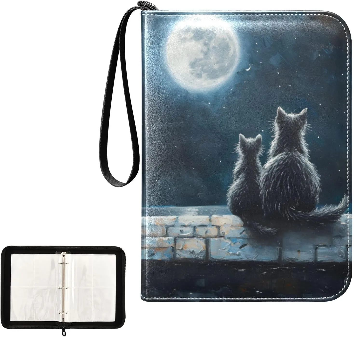 4 Pockets Trading Card Album Holder Book Folder Sports Card Binder Cats Moon Cute 400 Double Side Pockets for 3 Ring Binder Zipper