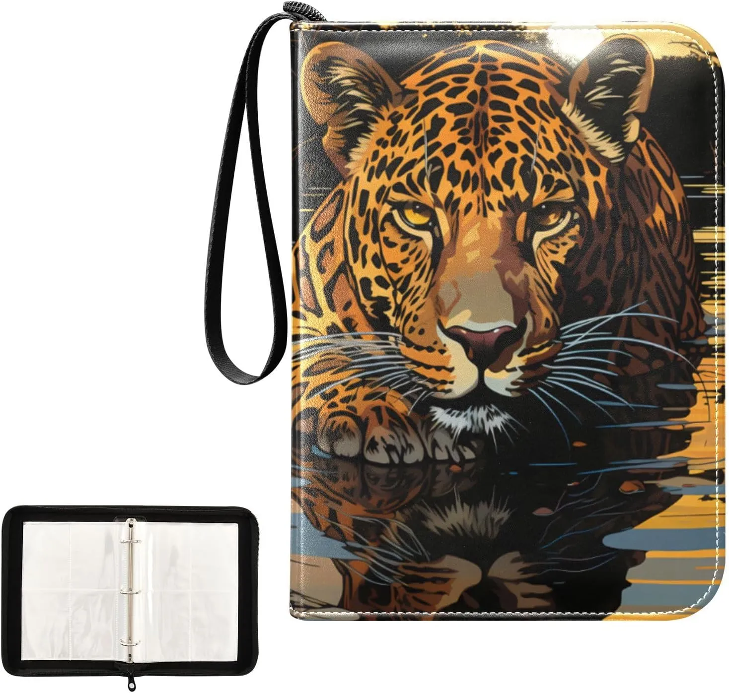4 Pockets Trading Card Album Holder Book Folder Sports Card Binder Cheetah Leopard 4 400 Double Side Pockets for 3 Ring Binder Zipper