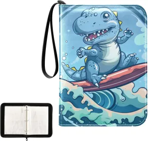 4 Pockets Trading Card Album Holder Book Folder Sports Card Binder Cute Dinosaur Surf 400 Double Side Pockets for 3 Ring Binder Zipper