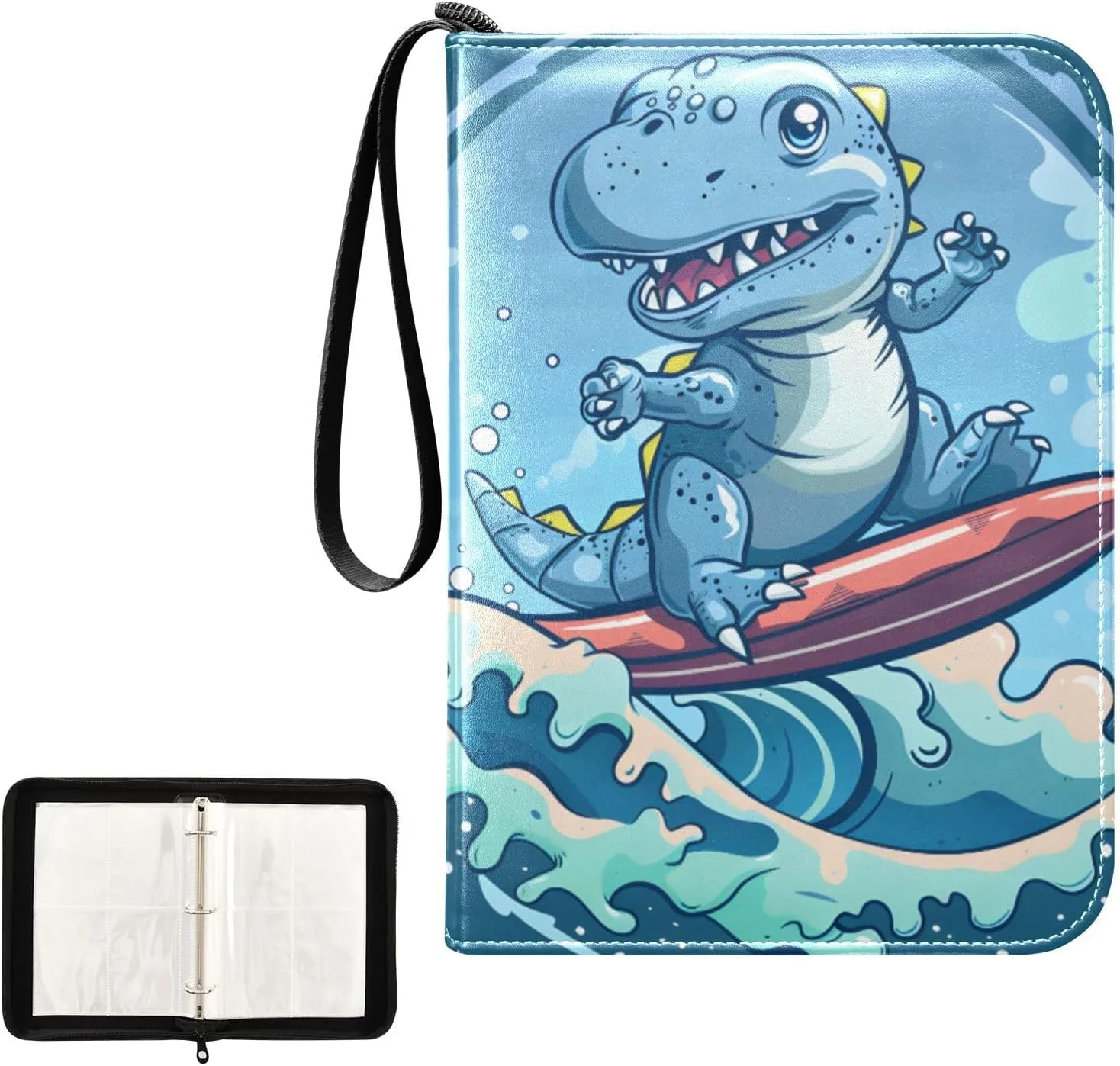 4 Pockets Trading Card Album Holder Book Folder Sports Card Binder Cute Dinosaur Surf 400 Double Side Pockets for 3 Ring Binder Zipper