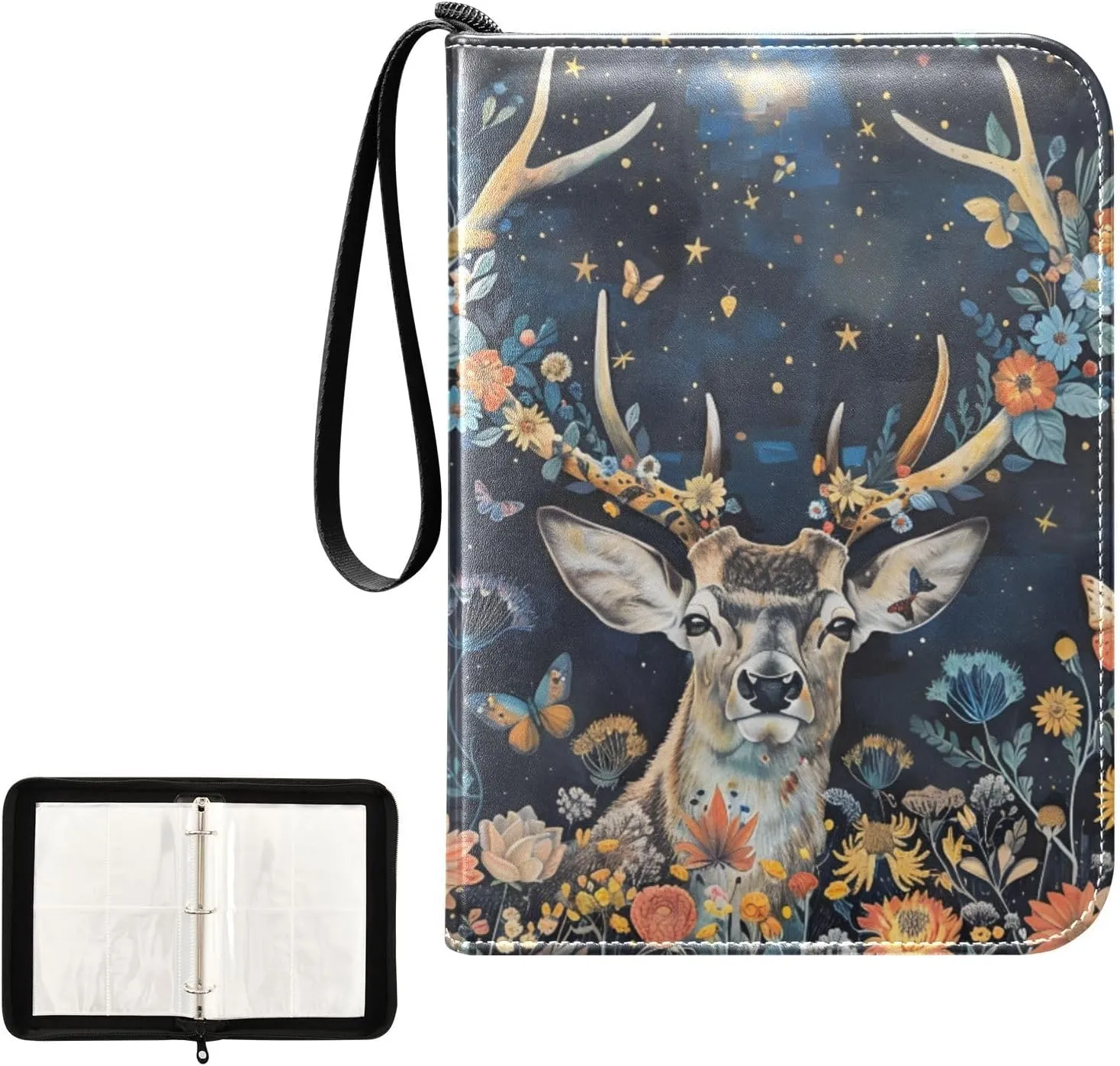 4 Pockets Trading Card Album Holder Book Folder Sports Card Binder Deer Flowers 1 400 Double Side Pockets for 3 Ring Binder Zipper