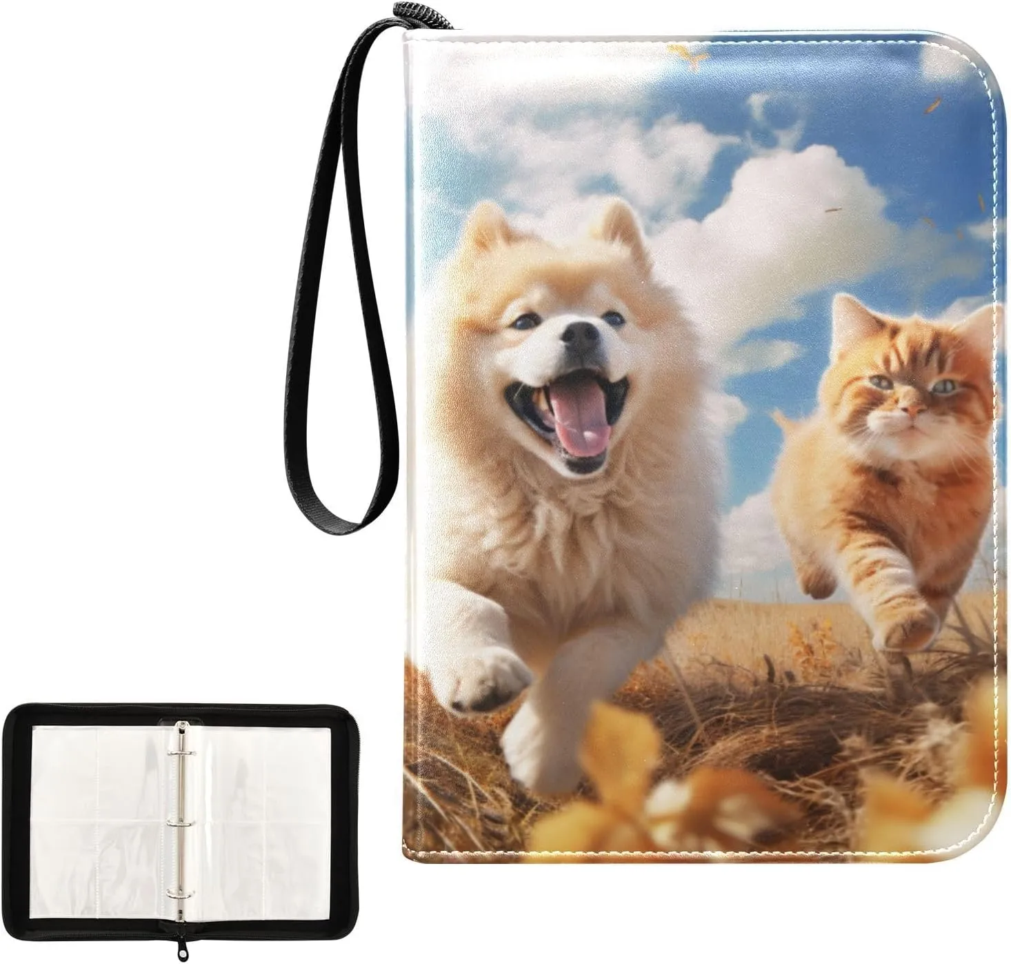 4 Pockets Trading Card Album Holder Book Folder Sports Card Binder Dog Cat 400 Double Side Pockets for 3 Ring Binder Zipper