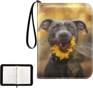 4 Pockets Trading Card Album Holder Book Folder Sports Card Binder Dog Holding A Sunflower 400 Double Side Pockets for 3 Ring Binder Zipper