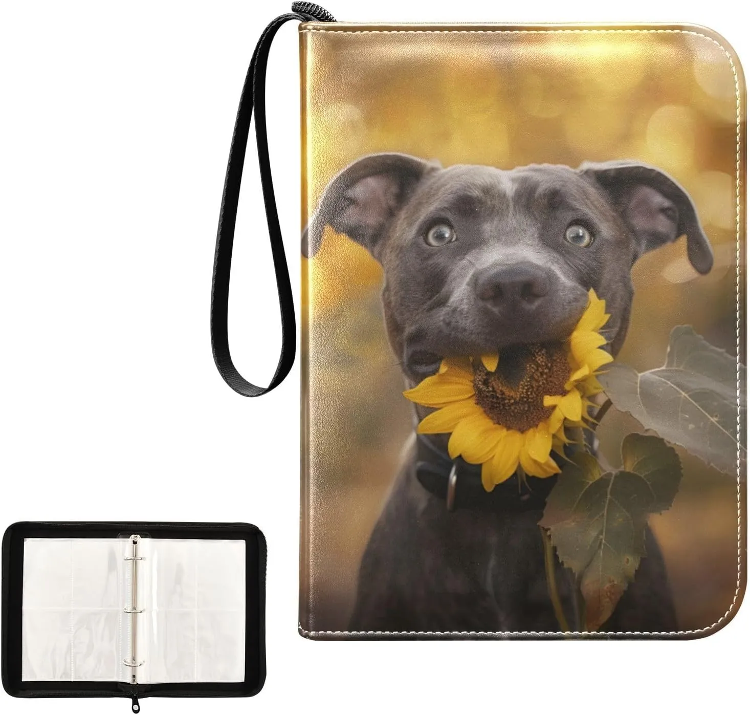 4 Pockets Trading Card Album Holder Book Folder Sports Card Binder Dog Holding A Sunflower 400 Double Side Pockets for 3 Ring Binder Zipper