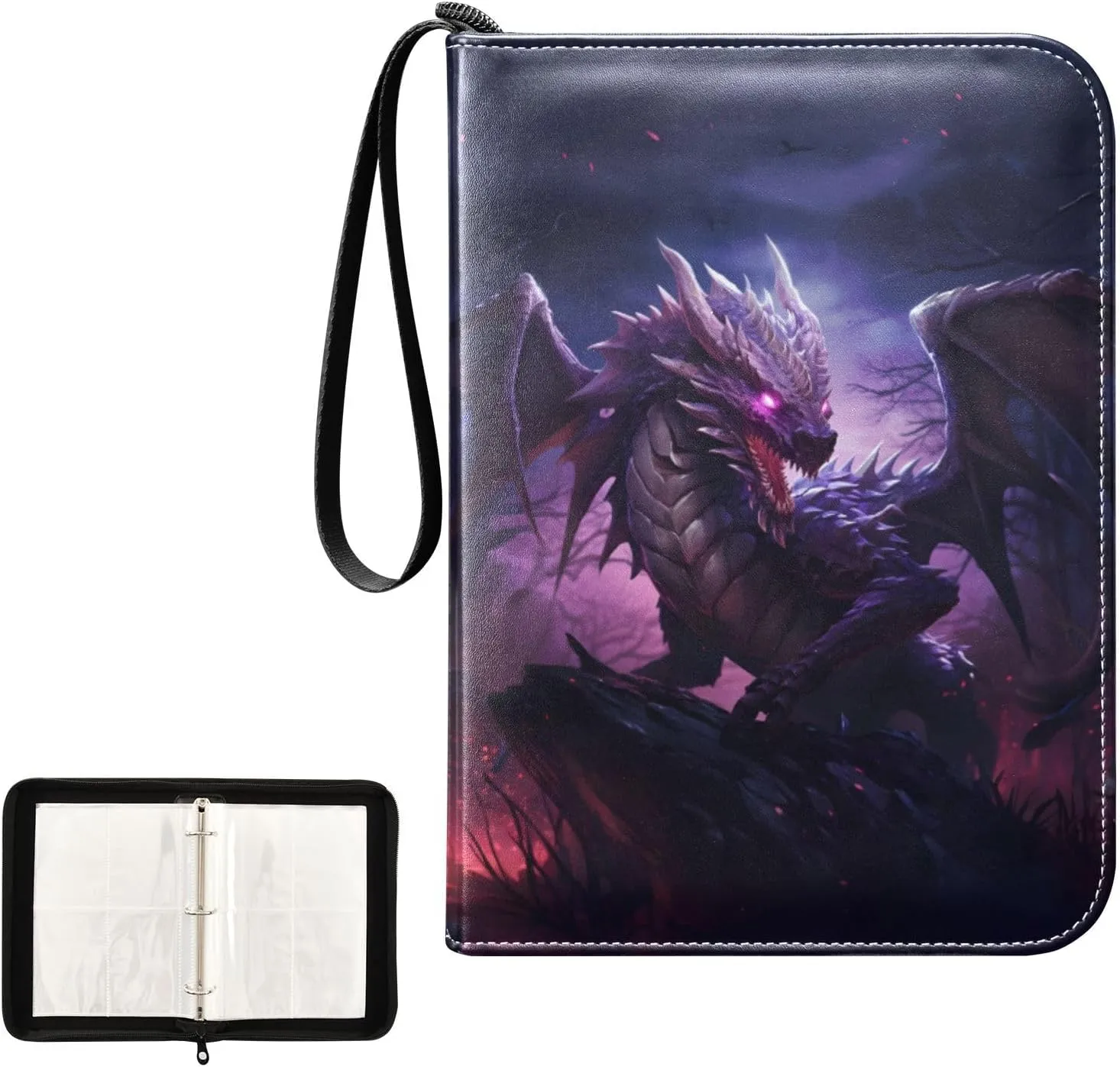 4 Pockets Trading Card Album Holder Book Folder Sports Card Binder Dragon Pterosaur 400 Double Side Pockets for 3 Ring Binder Zipper
