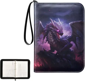 4 Pockets Trading Card Album Holder Book Folder Sports Card Binder Dragon Pterosaur 400 Double Side Pockets for 3 Ring Binder Zipper