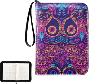 4 Pockets Trading Card Album Holder Book Folder Sports Card Binder Ethnic Owl 400 Double Side Pockets for 3 Ring Binder Zipper