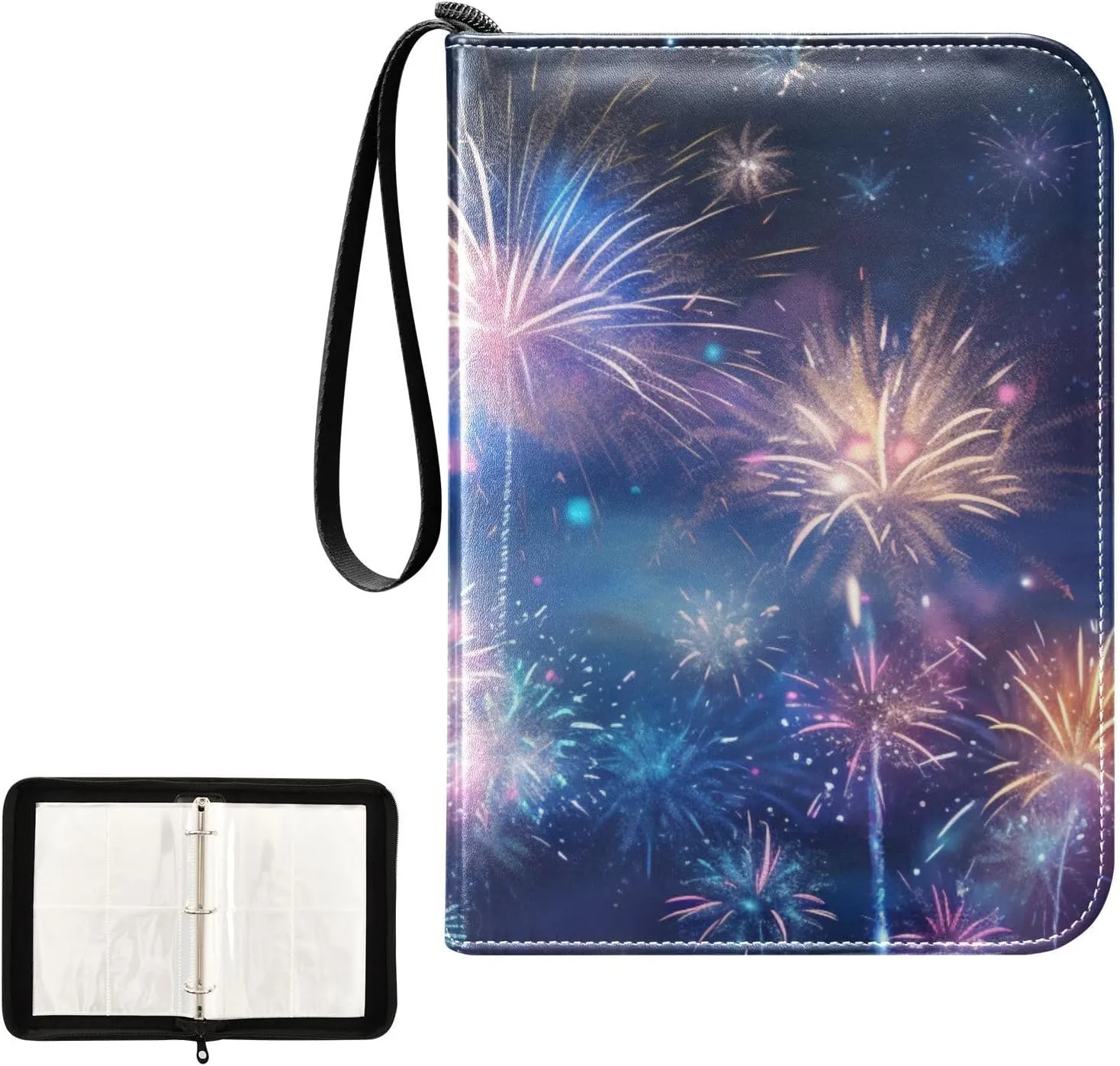 4 Pockets Trading Card Album Holder Book Folder Sports Card Binder Firework Cartoon 400 Double Side Pockets for 3 Ring Binder Zipper