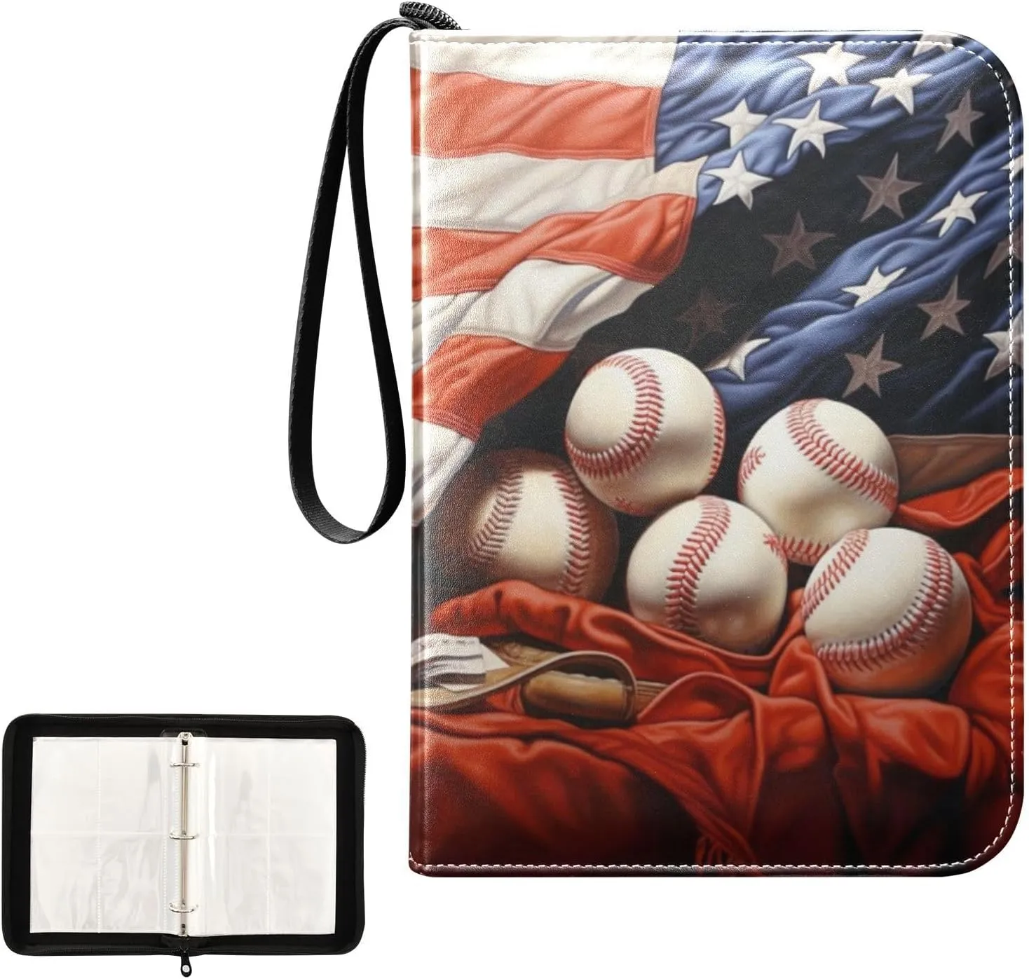 4 Pockets Trading Card Album Holder Book Folder Sports Card Binder Flag Baseball 400 Double Side Pockets for 3 Ring Binder Zipper
