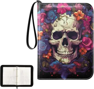 4 Pockets Trading Card Album Holder Book Folder Sports Card Binder Floral Skull 400 Double Side Pockets for 3 Ring Binder Zipper
