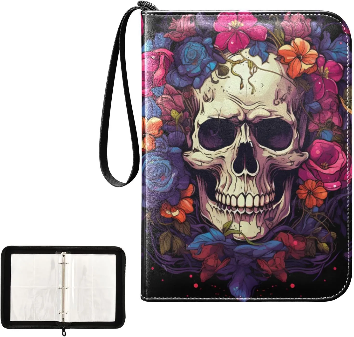 4 Pockets Trading Card Album Holder Book Folder Sports Card Binder Floral Skull 400 Double Side Pockets for 3 Ring Binder Zipper