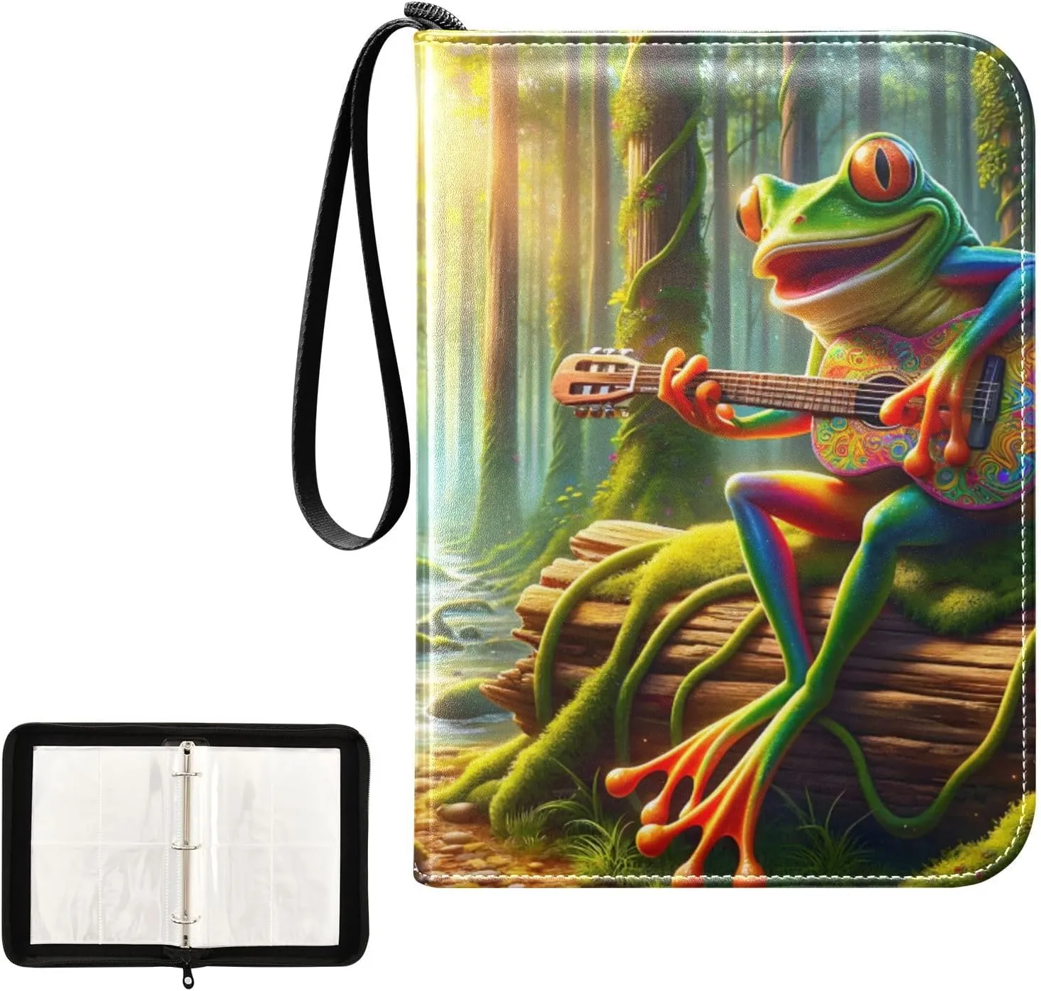 4 Pockets Trading Card Album Holder Book Folder Sports Card Binder Frog Playing Guitar 400 Double Side Pockets for 3 Ring Binder Zipper