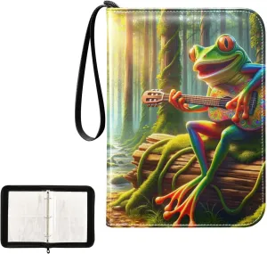 4 Pockets Trading Card Album Holder Book Folder Sports Card Binder Frog Playing Guitar 400 Double Side Pockets for 3 Ring Binder Zipper