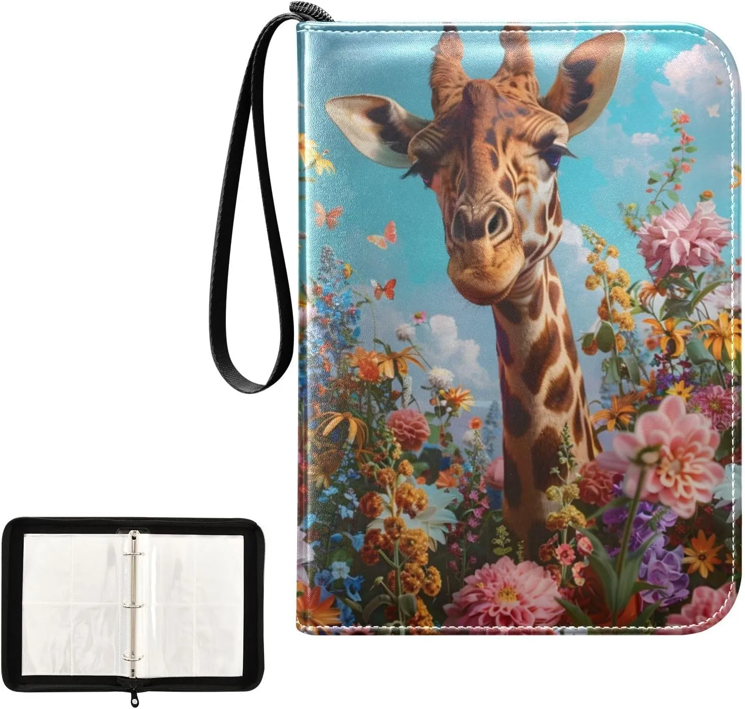 4 Pockets Trading Card Album Holder Book Folder Sports Card Binder Giraffe Flowers 400 Double Side Pockets for 3 Ring Binder Zipper