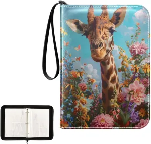 4 Pockets Trading Card Album Holder Book Folder Sports Card Binder Giraffe Flowers 400 Double Side Pockets for 3 Ring Binder Zipper