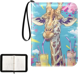 4 Pockets Trading Card Album Holder Book Folder Sports Card Binder Giraffes Drink Milkshakes 400 Double Side Pockets for 3 Ring Binder Zipper