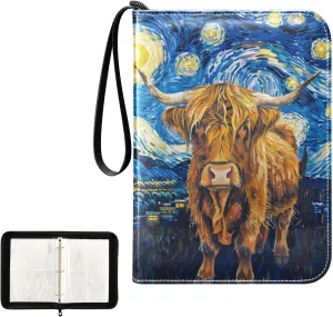 4 Pockets Trading Card Album Holder Book Folder Sports Card Binder Highland Cow in Starry Nigh 400 Double Side Pockets for 3 Ring Binder Zipper