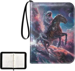 4 Pockets Trading Card Album Holder Book Folder Sports Card Binder Horse Astronaut 400 Double Side Pockets for 3 Ring Binder Zipper