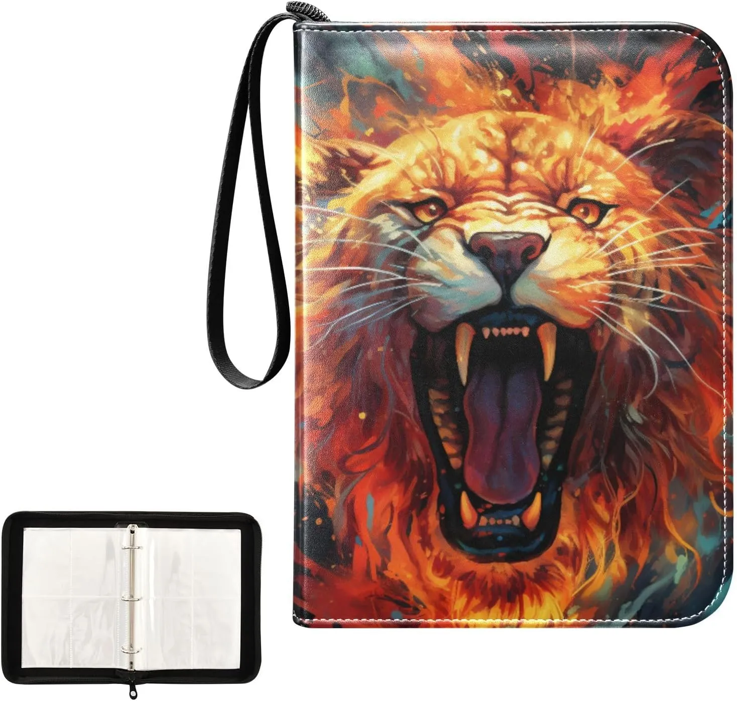 4 Pockets Trading Card Album Holder Book Folder Sports Card Binder Leopard Fire 400 Double Side Pockets for 3 Ring Binder Zipper