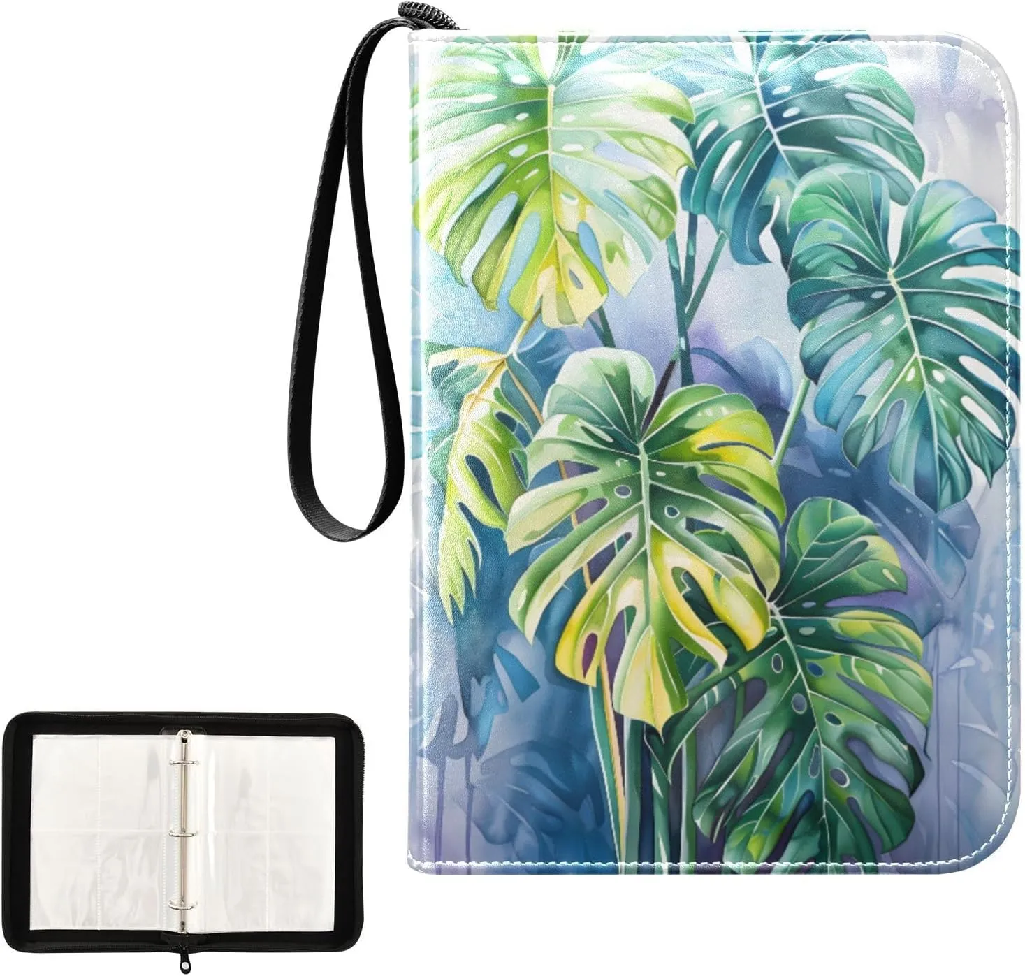 4 Pockets Trading Card Album Holder Book Folder Sports Card Binder Monstera Watercolor 400 Double Side Pockets for 3 Ring Binder Zipper