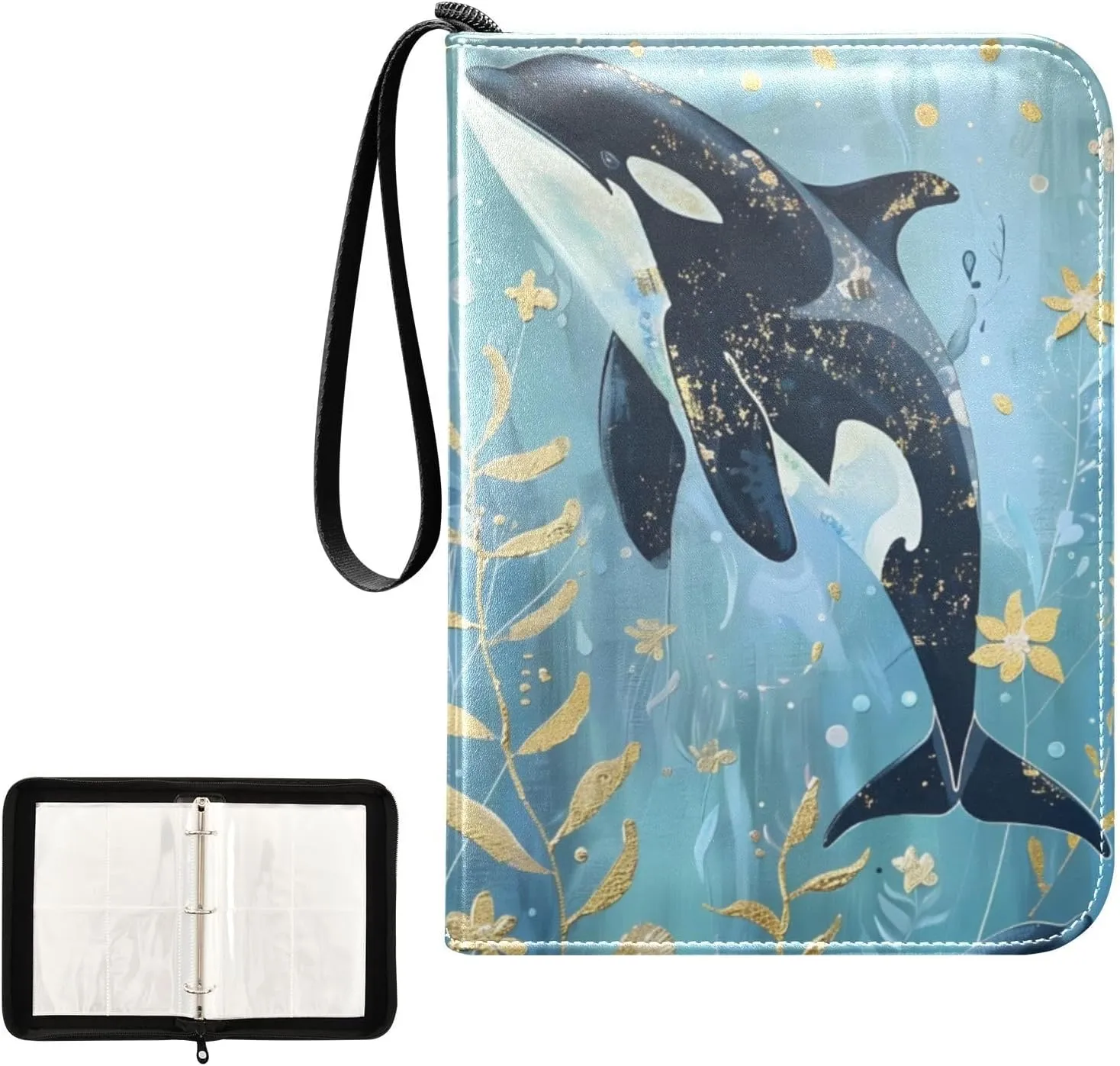 4 Pockets Trading Card Album Holder Book Folder Sports Card Binder Orcas Pastel Blue 400 Double Side Pockets for 3 Ring Binder Zipper