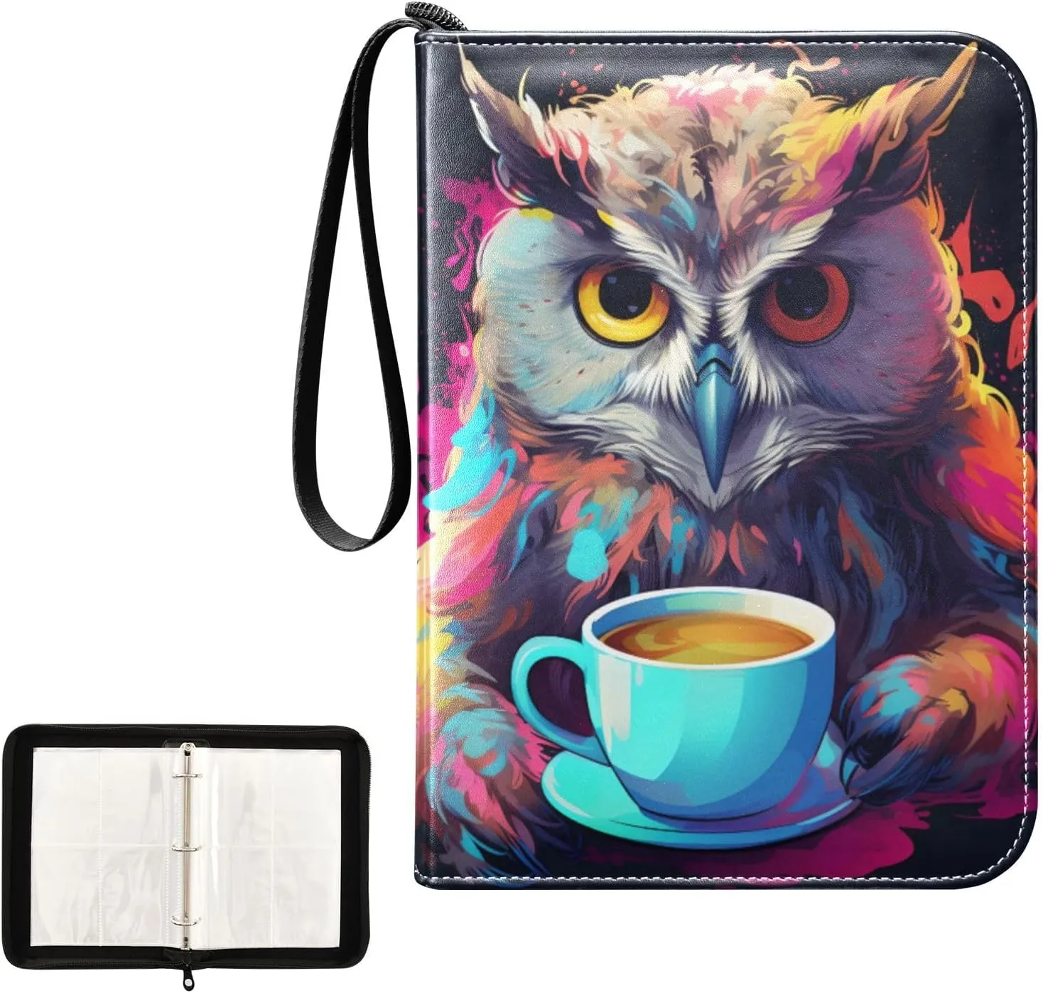 4 Pockets Trading Card Album Holder Book Folder Sports Card Binder Owl Coffee 400 Double Side Pockets for 3 Ring Binder Zipper