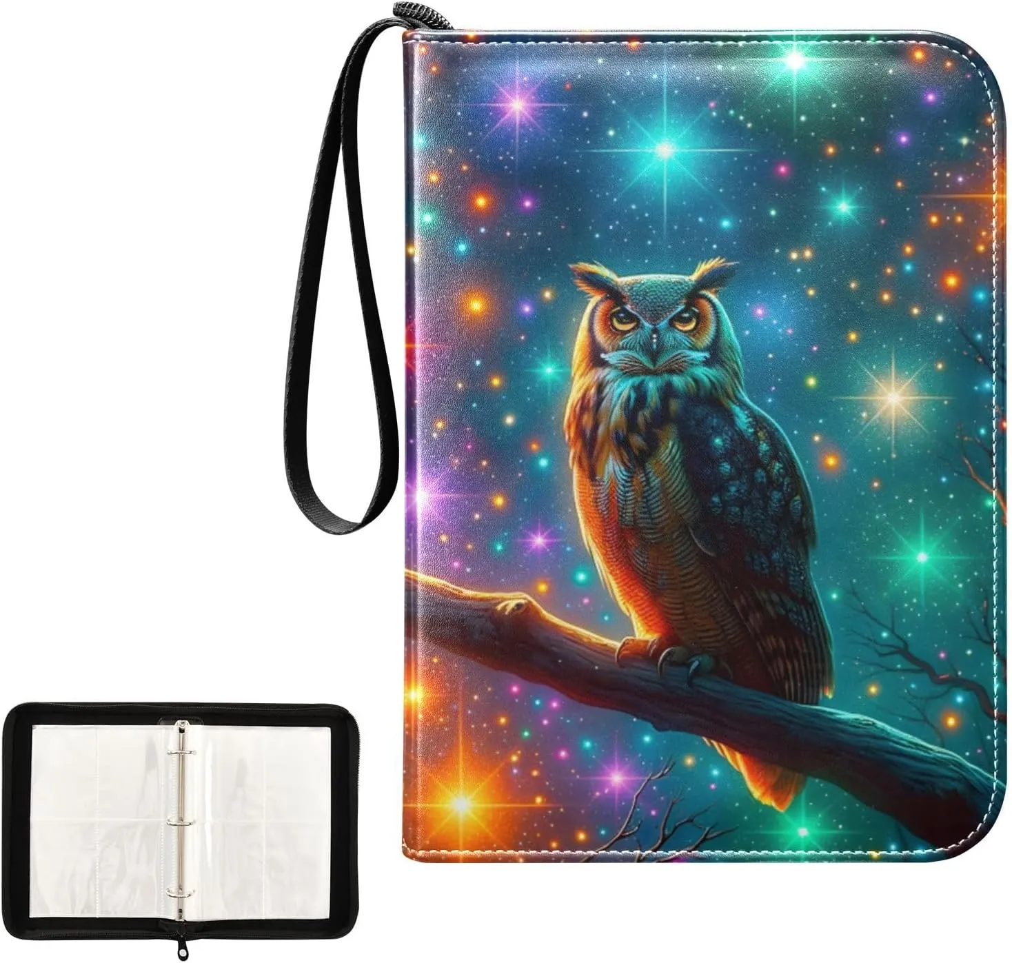 4 Pockets Trading Card Album Holder Book Folder Sports Card Binder Owl Fantasy 400 Double Side Pockets for 3 Ring Binder Zipper